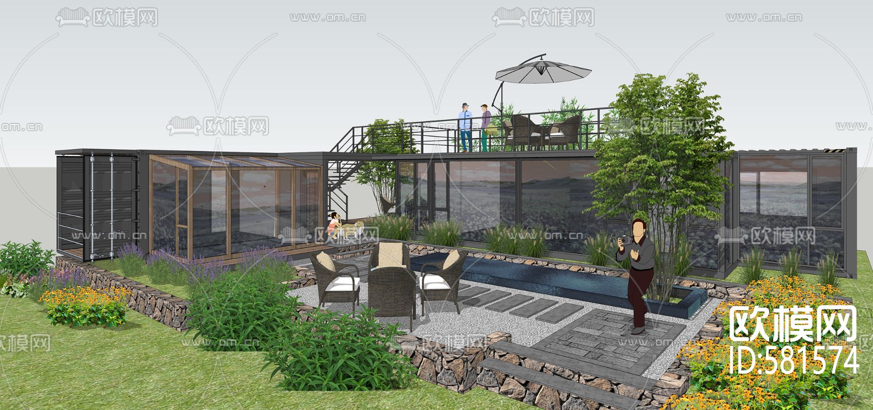 现代集装箱民宿小院su模型下载（渲染图4）