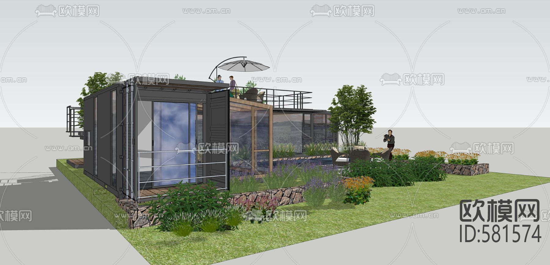 现代集装箱民宿小院su模型下载（渲染图1）