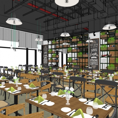  工业风餐厅su模型 