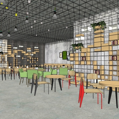  工业风书吧图书馆su模型 