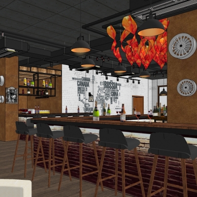  工业风西餐厅su模型 