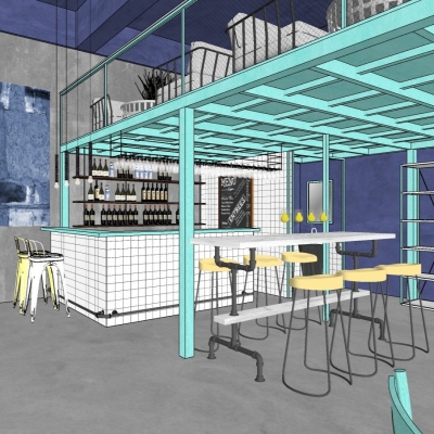  工业风咖啡吧餐厅su模型 