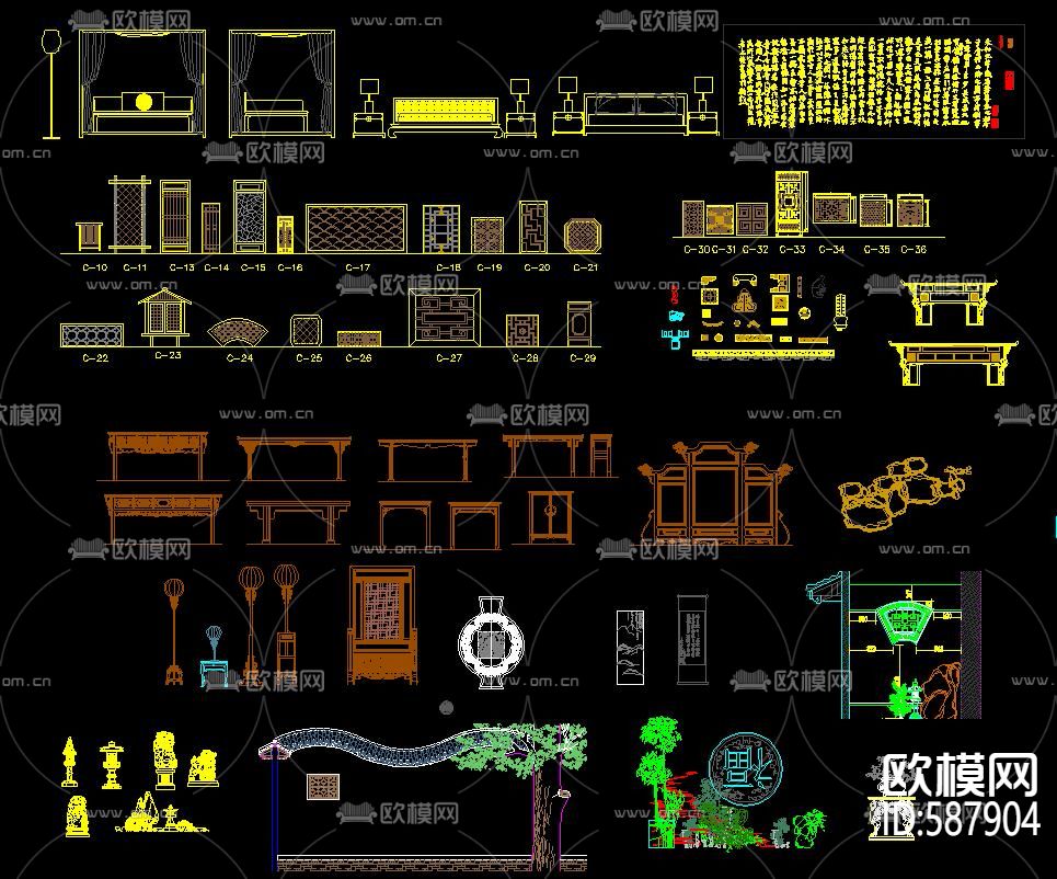 新中式家具立面经典CAD图库下载（渲染图3）