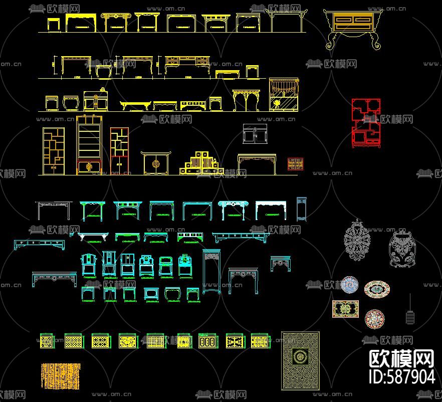 新中式家具立面经典CAD图库下载（渲染图4）