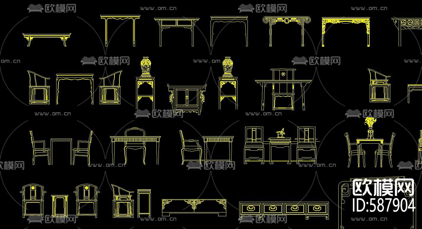 新中式家具立面经典CAD图库下载（渲染图2）