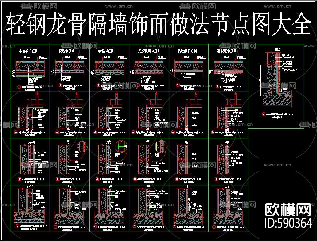 轻钢龙骨隔墙饰面做法cad节点图下载（渲染图2）