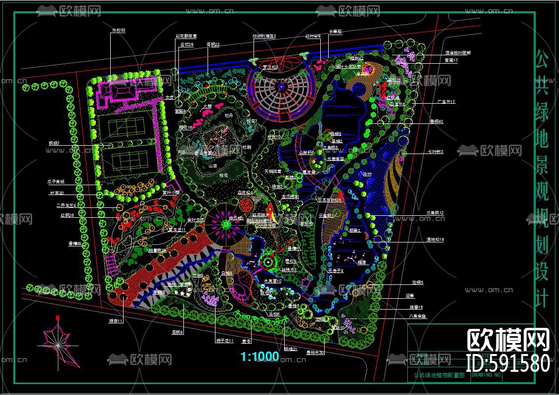 园林景观CAD规划图带植物详细配置与立面图下载