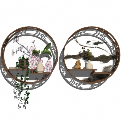  新中式置物架搁板su模型 