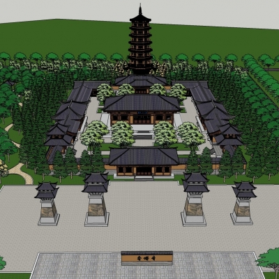  中式寺院规划su模型 