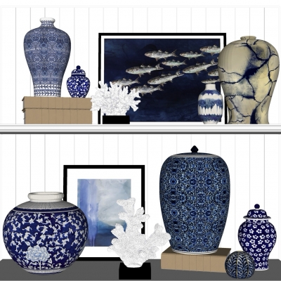  中式青花瓷瓶罐组合su模型 