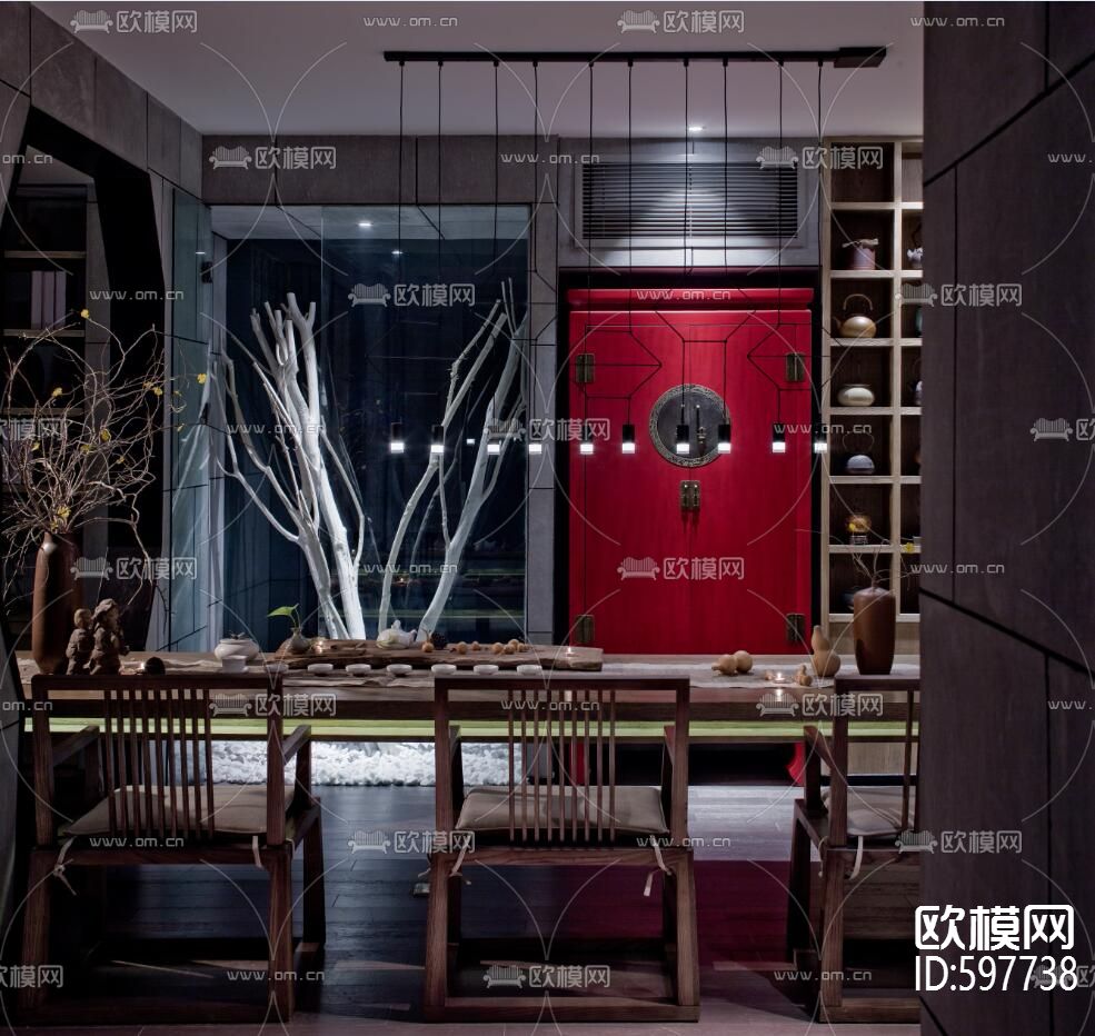 新中式茶吧CAD施工图&实景图下载（渲染图5）