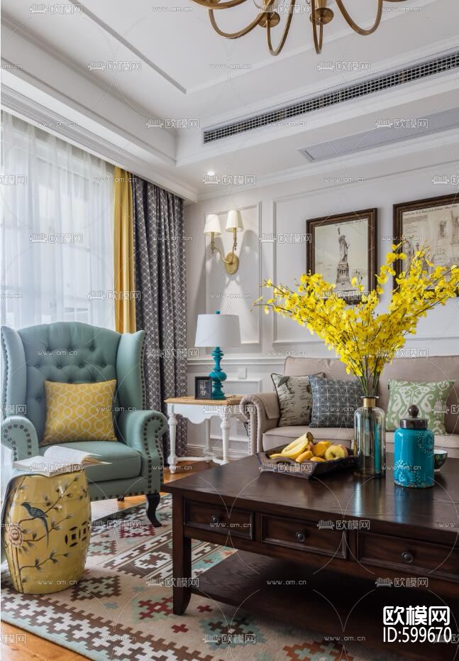 美式风格全套cad施工图下载（渲染图2）