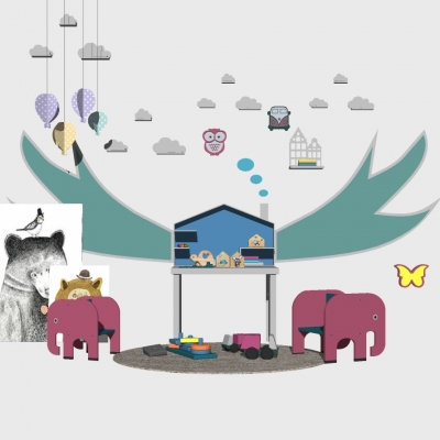  现代儿童桌椅玩具组合su模型 