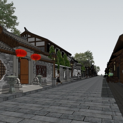  中式民俗商业街su模型 