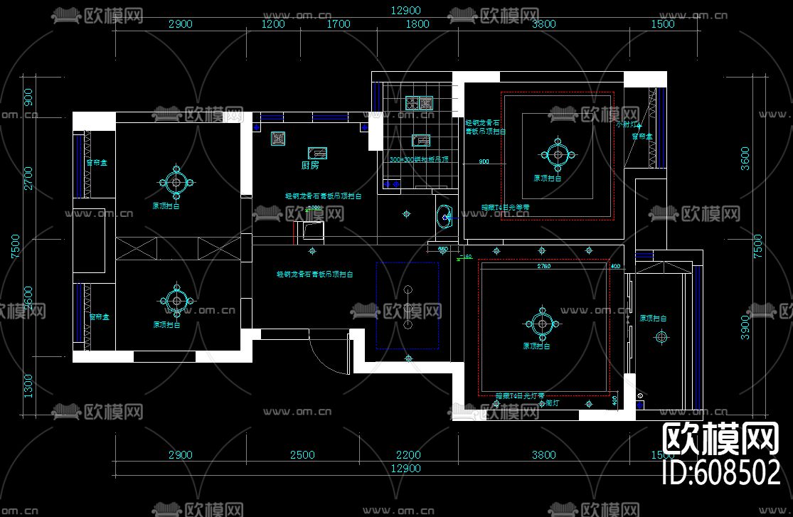 现代两室装修 CAD施工图下载（渲染图3）