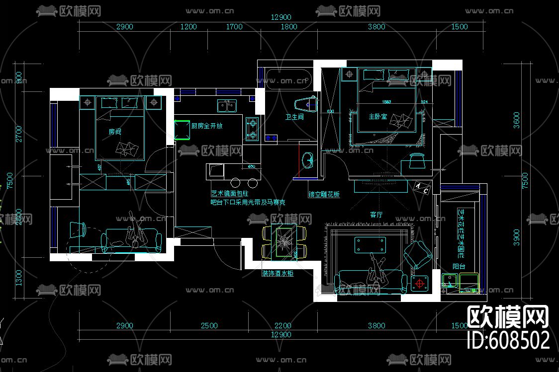 现代两室装修 CAD施工图下载（渲染图1）