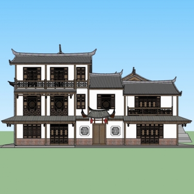  中式仿古客栈su模型 