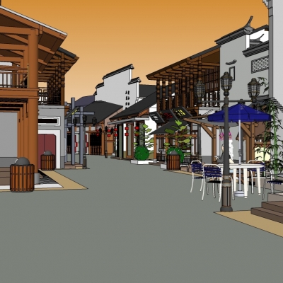  中式民俗商业街su模型 