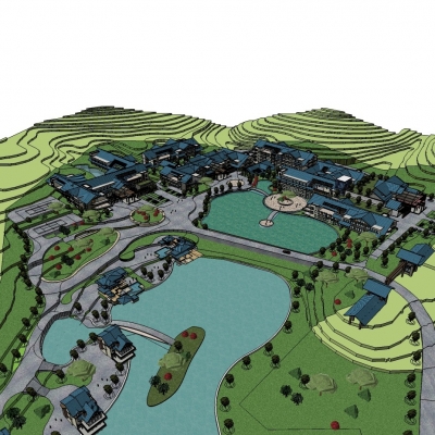  新中式度假区su模型 