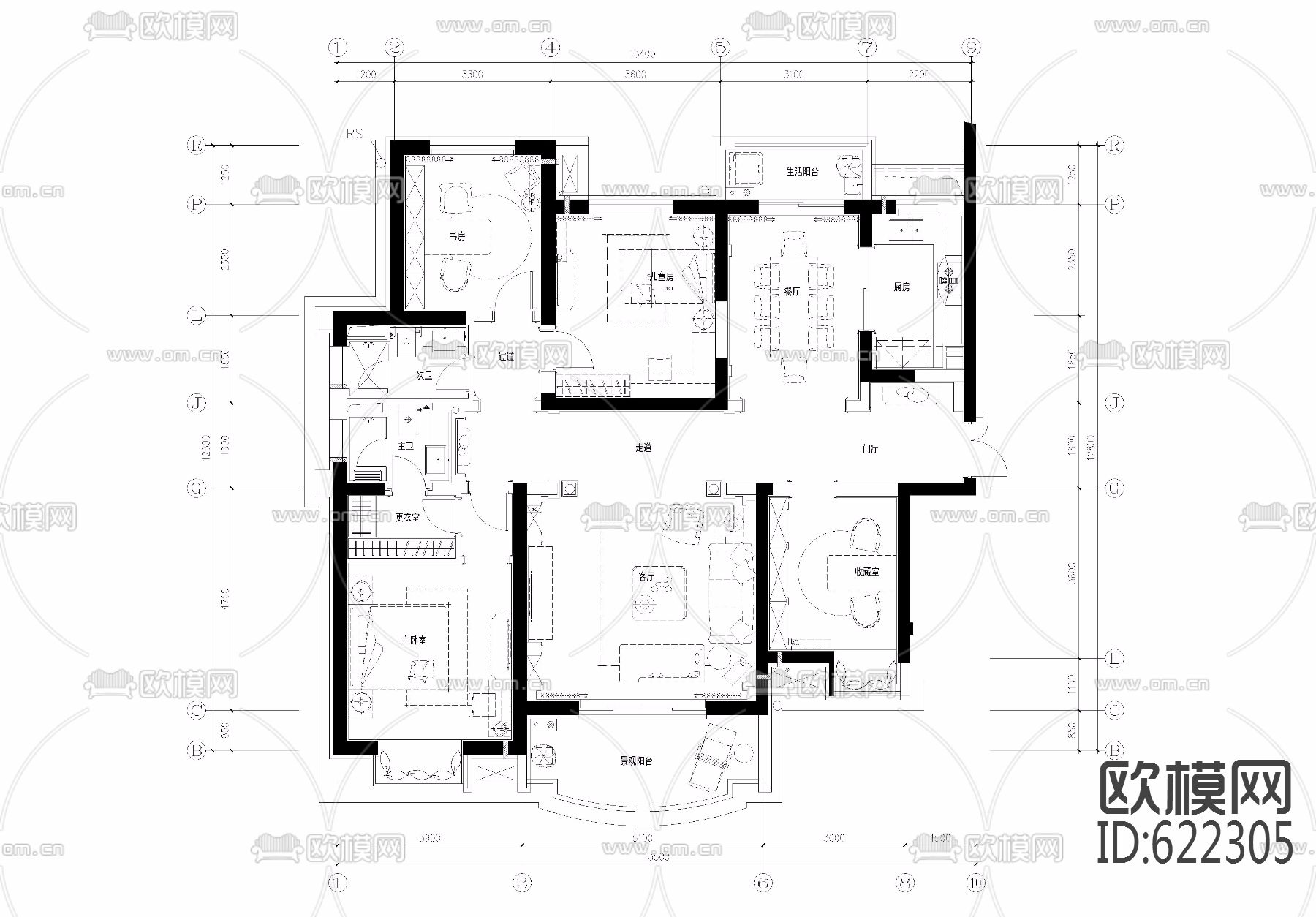 欧式住宅平立面施工图下载（渲染图1）