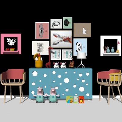  现代儿童单椅边柜组合su模型 