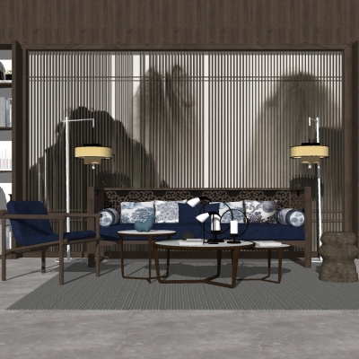 新中式实木沙发组合su模型