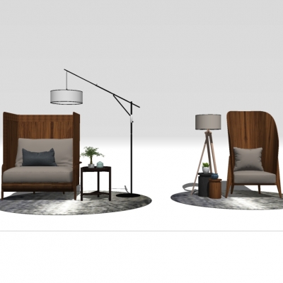  新中式休闲沙发圆几组合su模型 