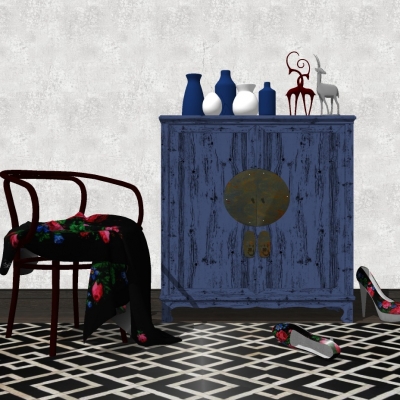 中式实木边柜su模型