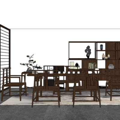 新中式实木餐桌椅组合su模型