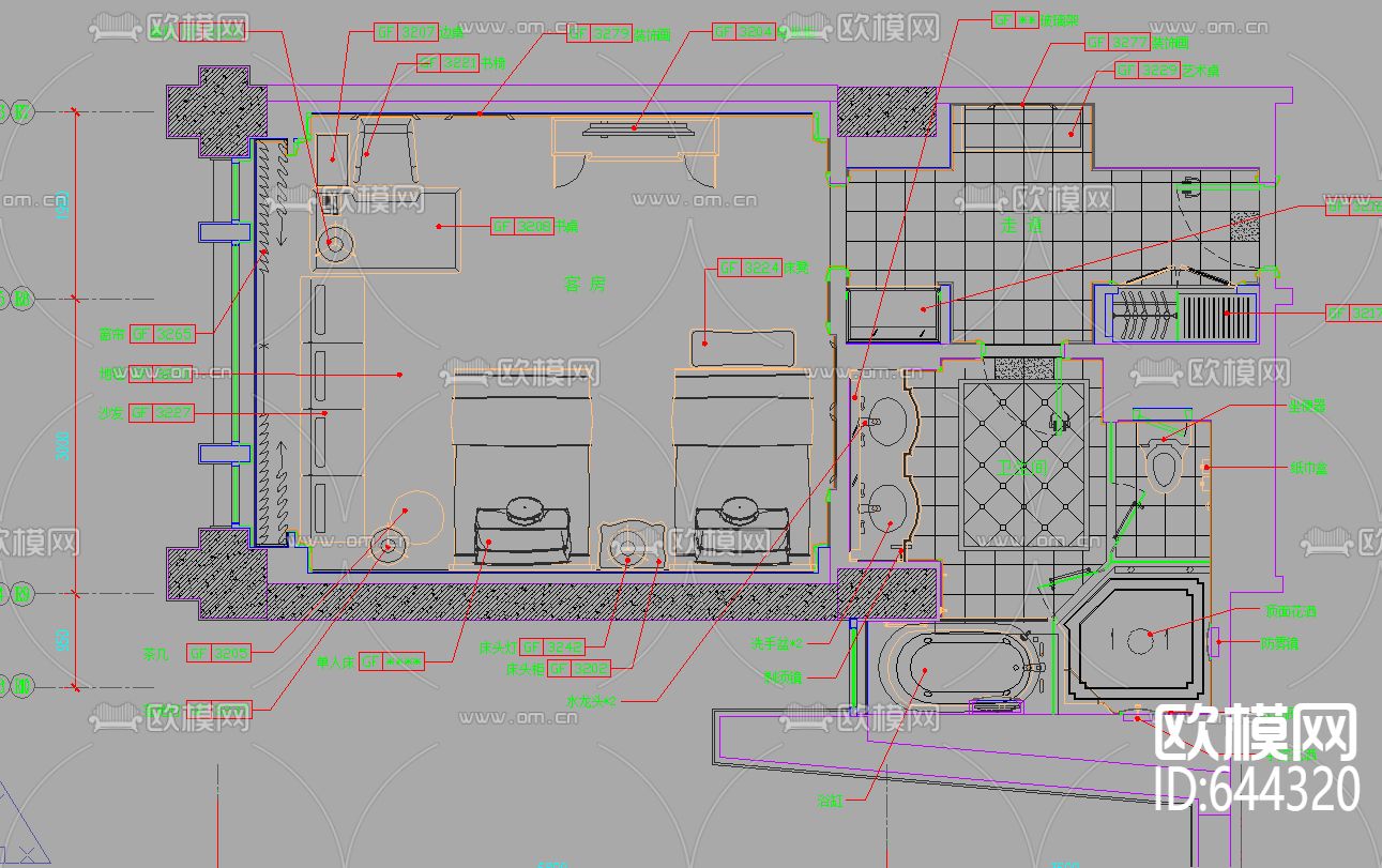 国际酒店客房标准CAD施工图下载（渲染图1）