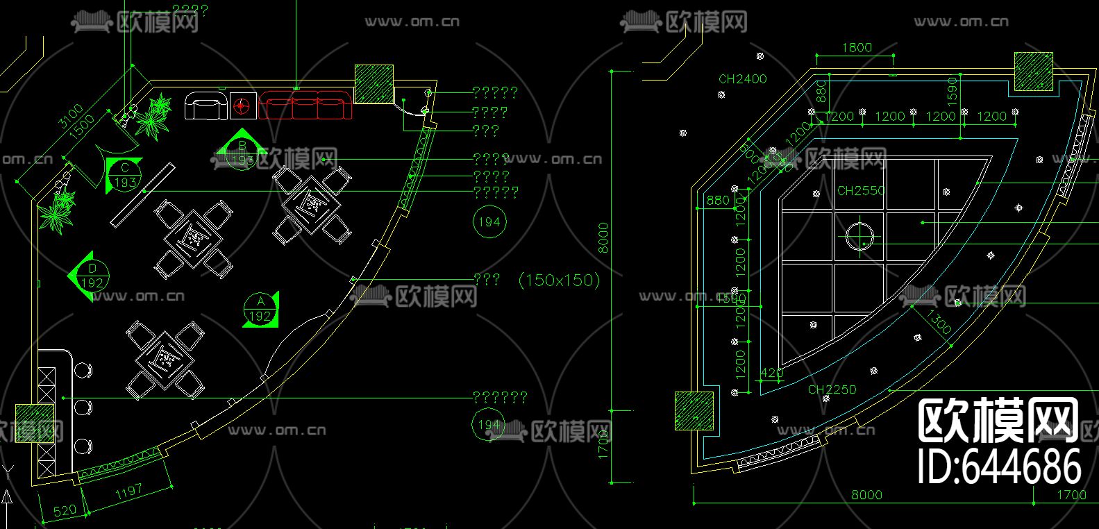 两款户型棋牌室装饰CAD施工图下载（渲染图2）