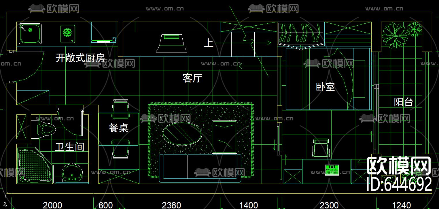 单身公寓装修CAD施工图下载（渲染图1）