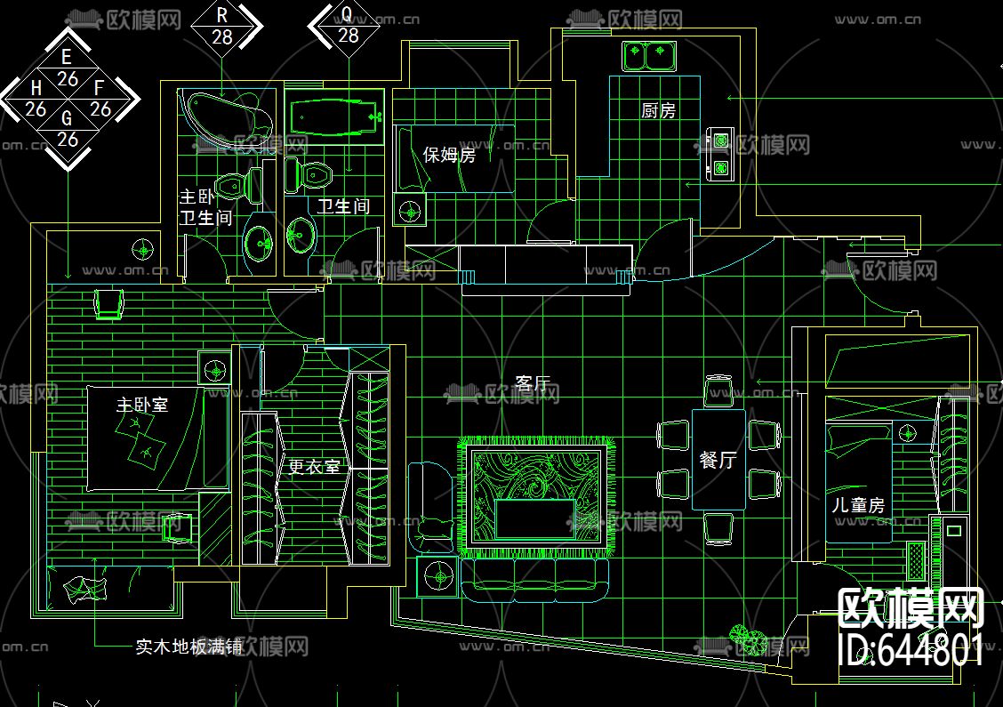 三室两厅欧式风格装修CAD施工图-免费3dmax模型库-欧模网
