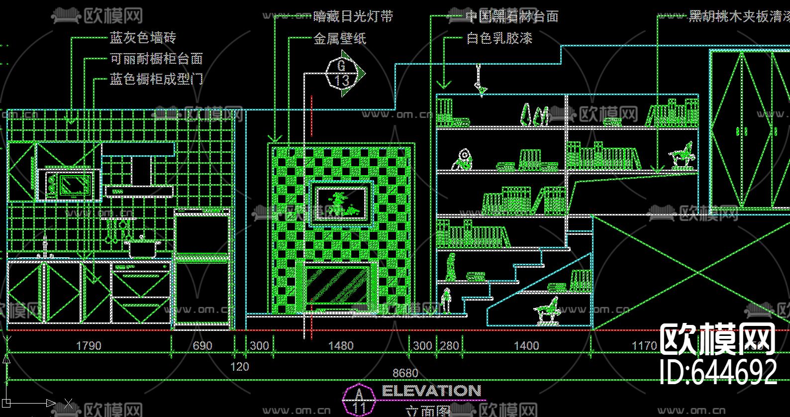 单身公寓装修CAD施工图下载（渲染图3）