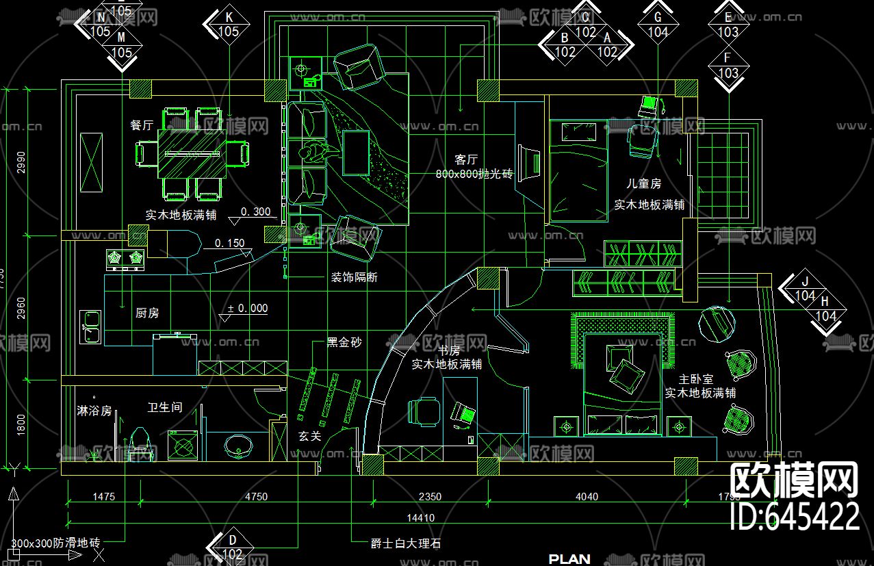 三室现代风格弧形书房装修CAD施工图下载（渲染图1）