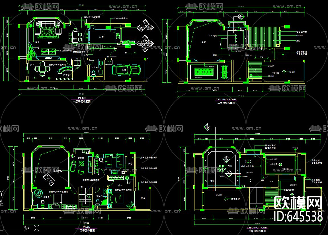三层别墅带屋顶花园中式风格装修CAD施工图下载（渲染图1）