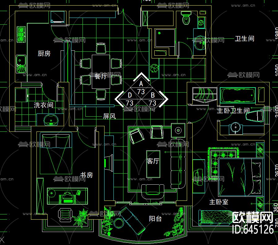 实木原色两室两厅装修CAD施工图下载（渲染图1）