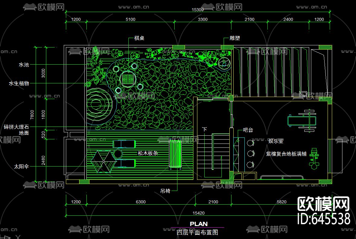三层别墅带屋顶花园中式风格装修CAD施工图下载（渲染图4）