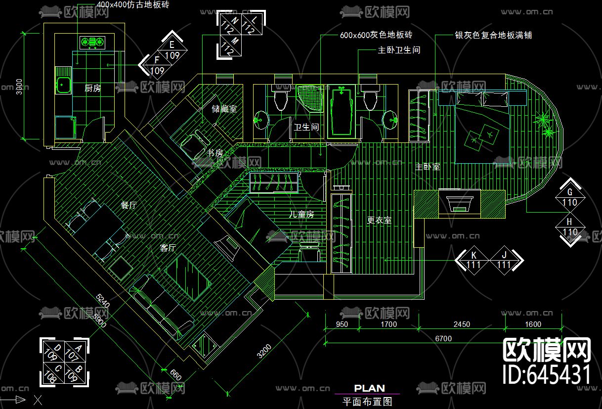 三室现代风格异形建筑装修CAD施工图-免费3dmax模型库-欧模网