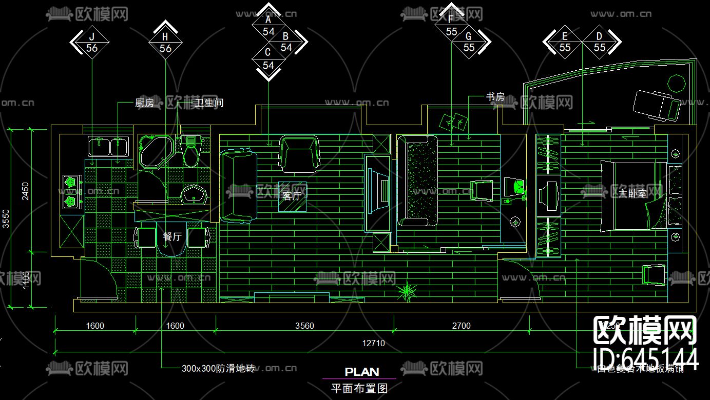 两室一厅公寓现代风格装修CAD施工图下载（渲染图1）