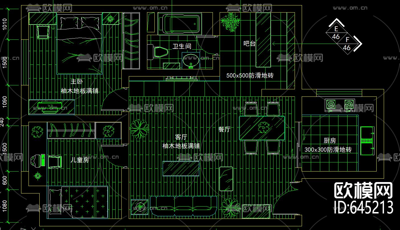 两室一厅现代风格装修CAD施工图下载（渲染图1）