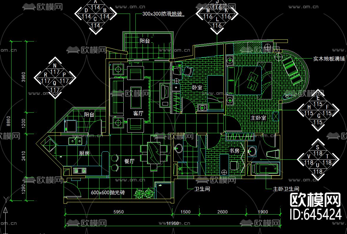 三室现代风格开敞厨房装修CAD施工图下载（渲染图1）