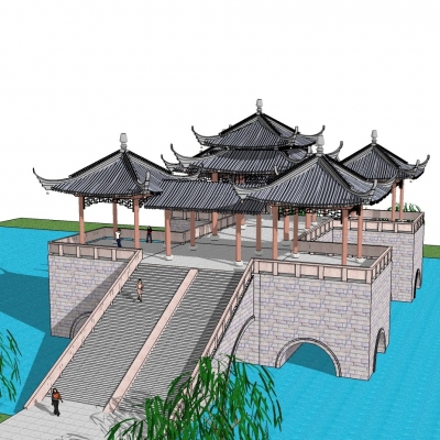  中式城楼su模型 