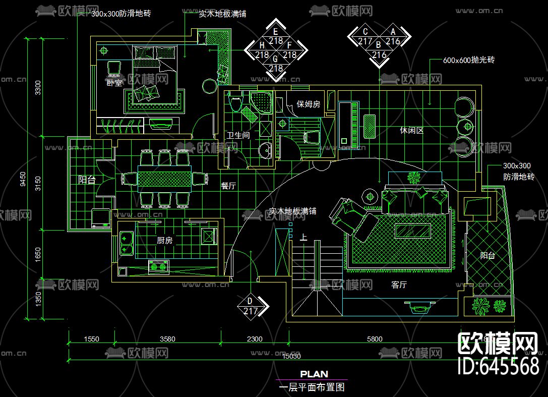 复式楼景观阳台现代风格装修CAD施工图下载（渲染图1）