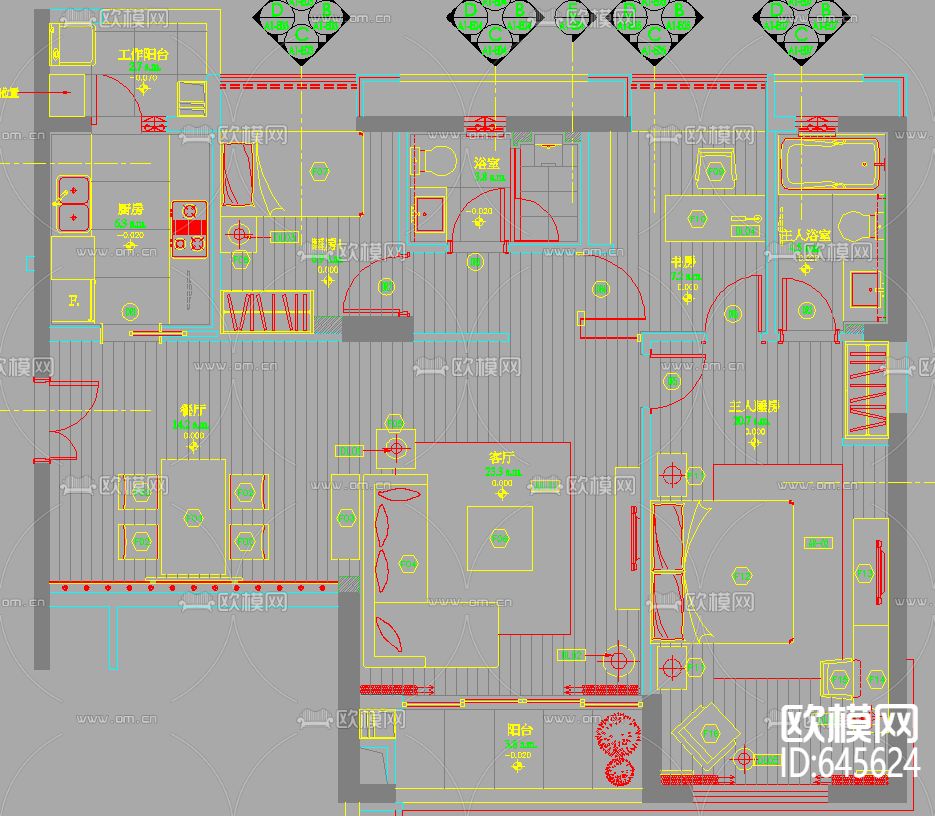 样板房装修CAD施工图下载（渲染图1）