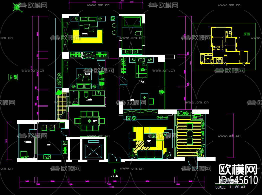 样板房装修CAD施工图下载（渲染图1）