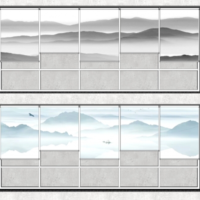 新中式山水窗帘su模型