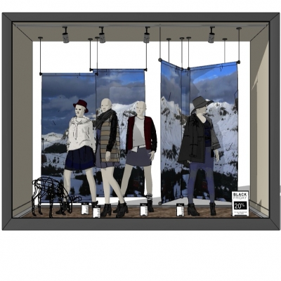  现代服装店橱窗模特组合su模型 