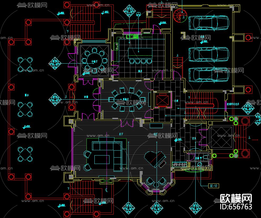 带地下室的三层别墅装修CAD施工图下载（渲染图1）