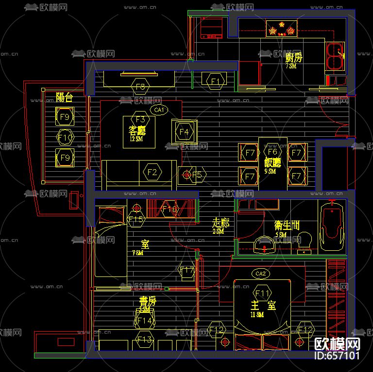 北京朗琴园十号楼D户型样板房CAD施工图下载（渲染图1）